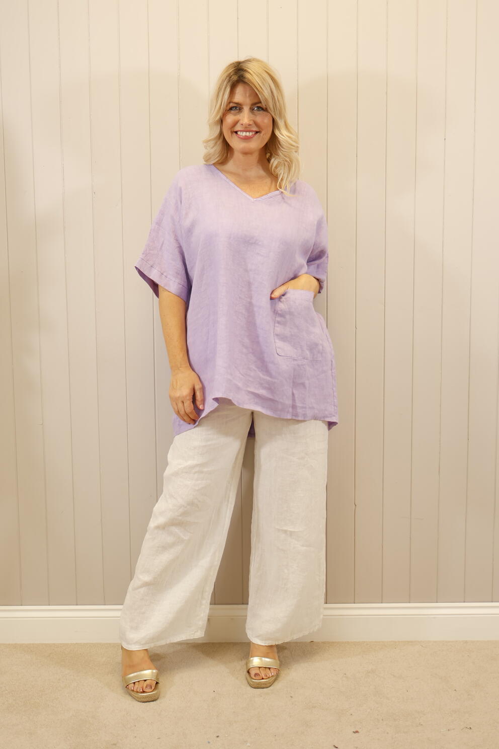 Linen Pocket V-Neck Top Lilac
