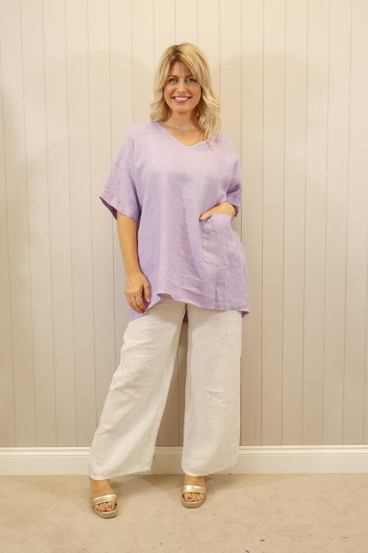 Linen Pocket V-Neck Top Lilac