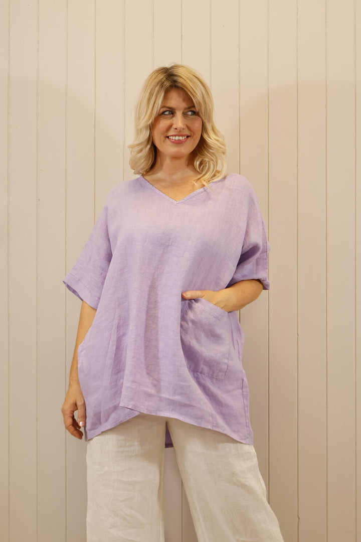 Linen Pocket V-Neck Top Lilac