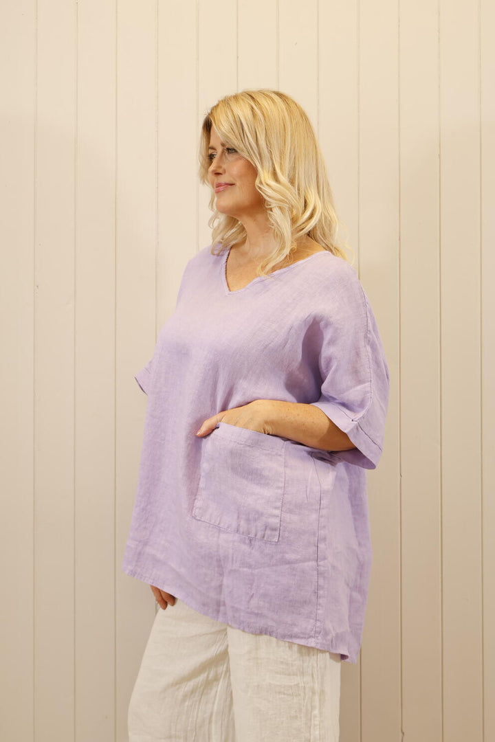 Linen Pocket V-Neck Top Lilac