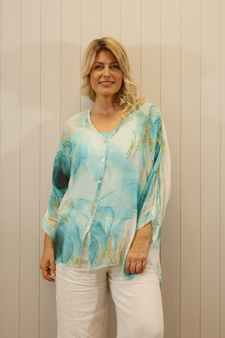 Silk Marble Shirt Aqua