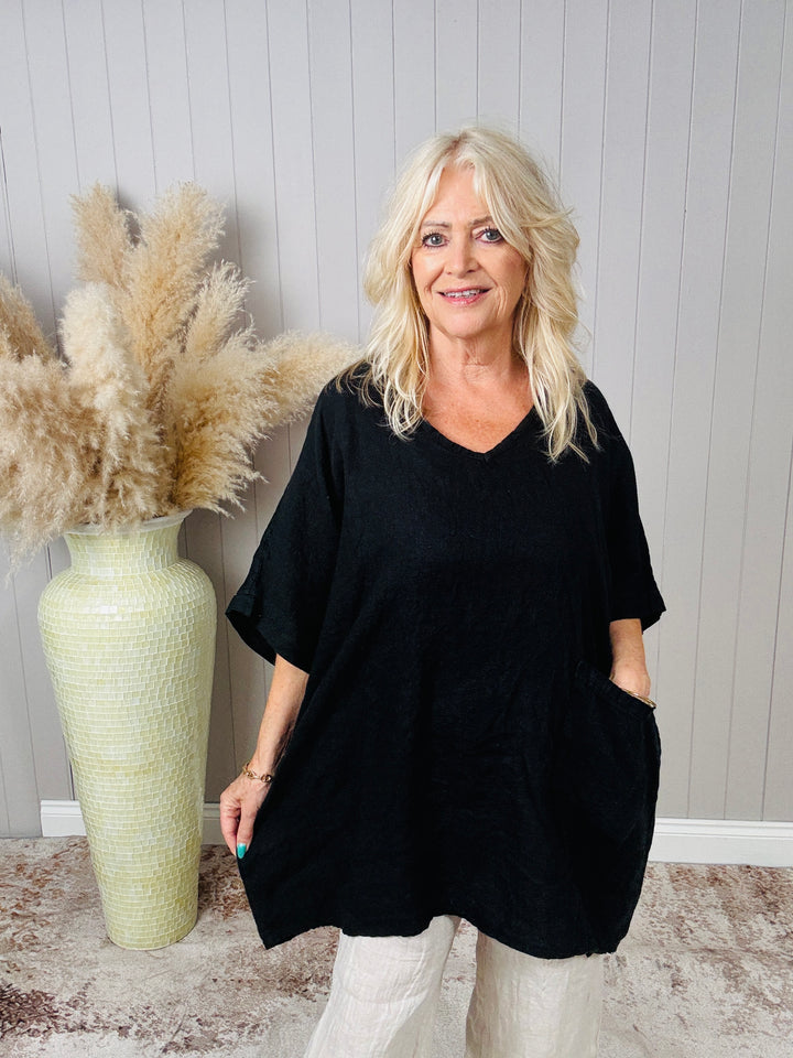 Linen Pocket V-Neck Top Black