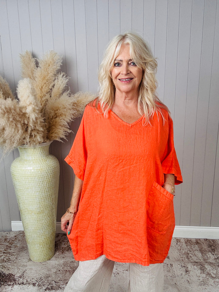 Linen Pocket V-Neck Top Orange