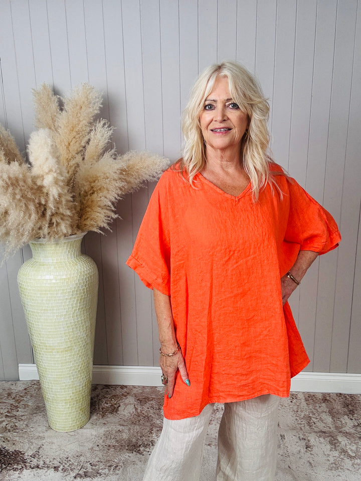 Linen Pocket V-Neck Top Orange
