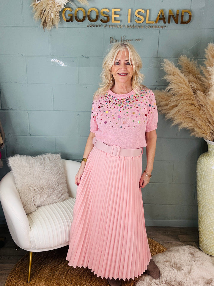 Brielle Belted Pleated Skirt Pink