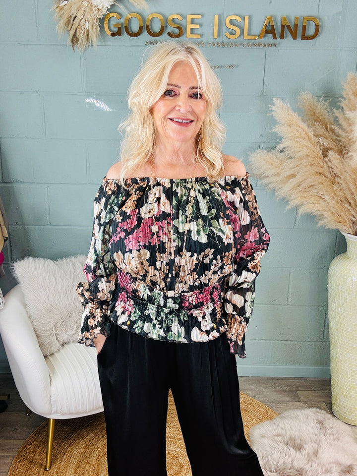 Ambra Shirred Bardot Top Black