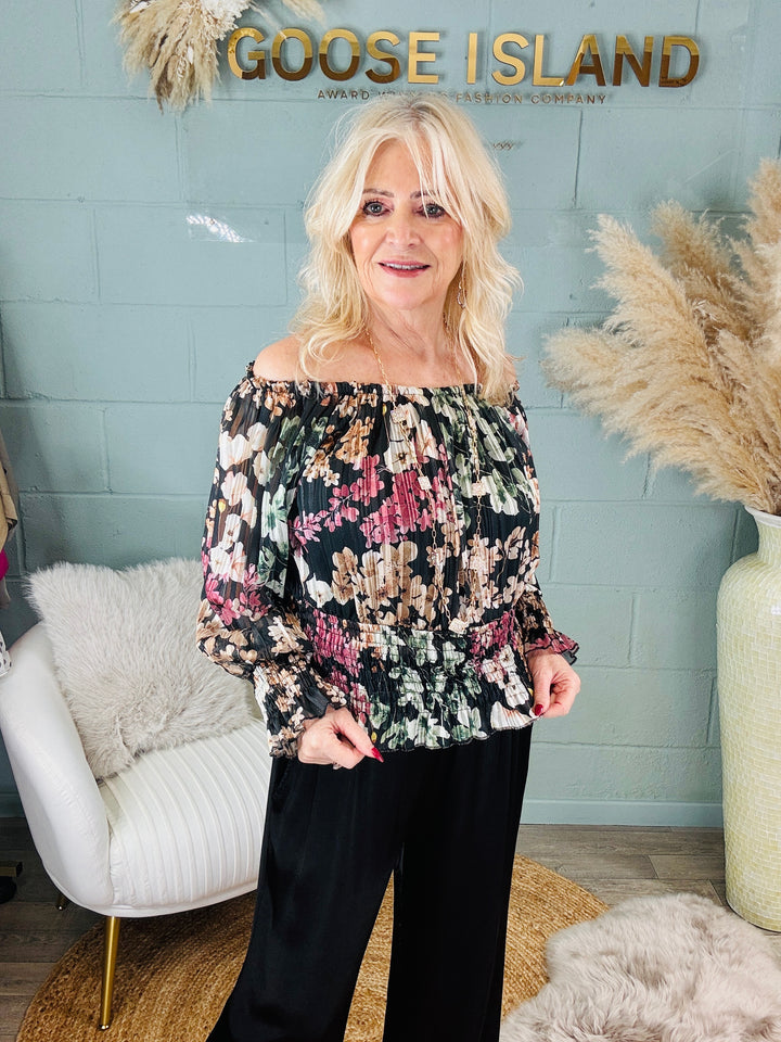 Ambra Shirred Bardot Top Black