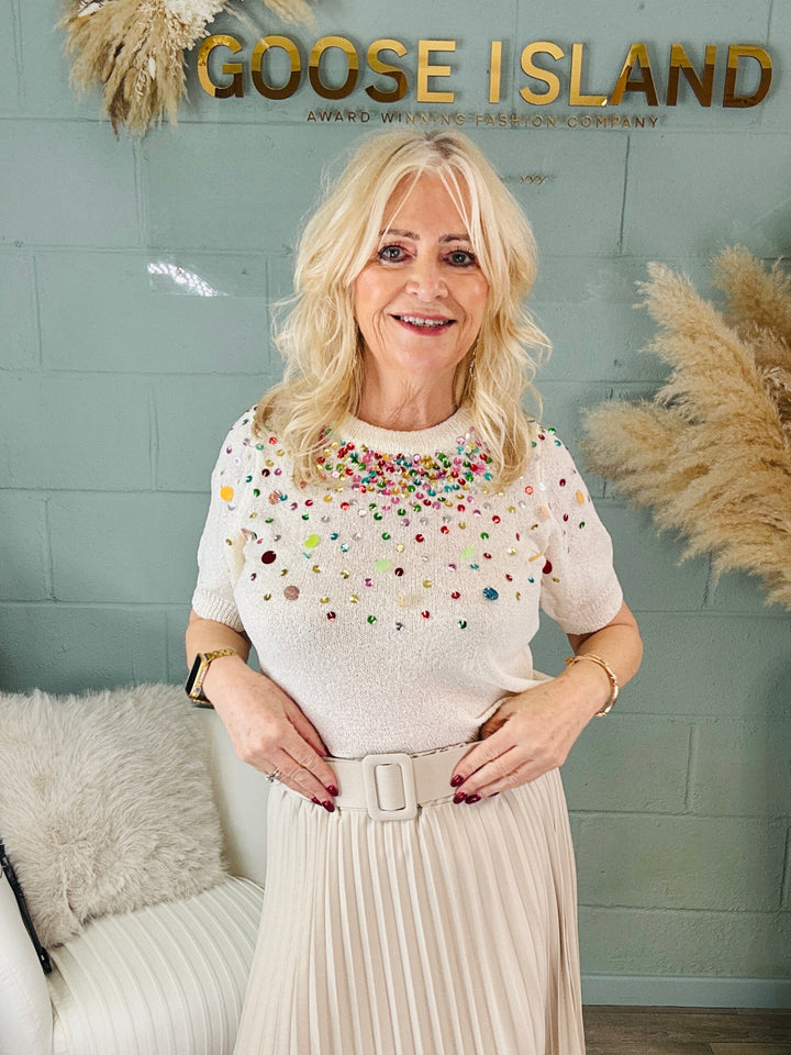 The Sequin Confetti Knit Top Cream