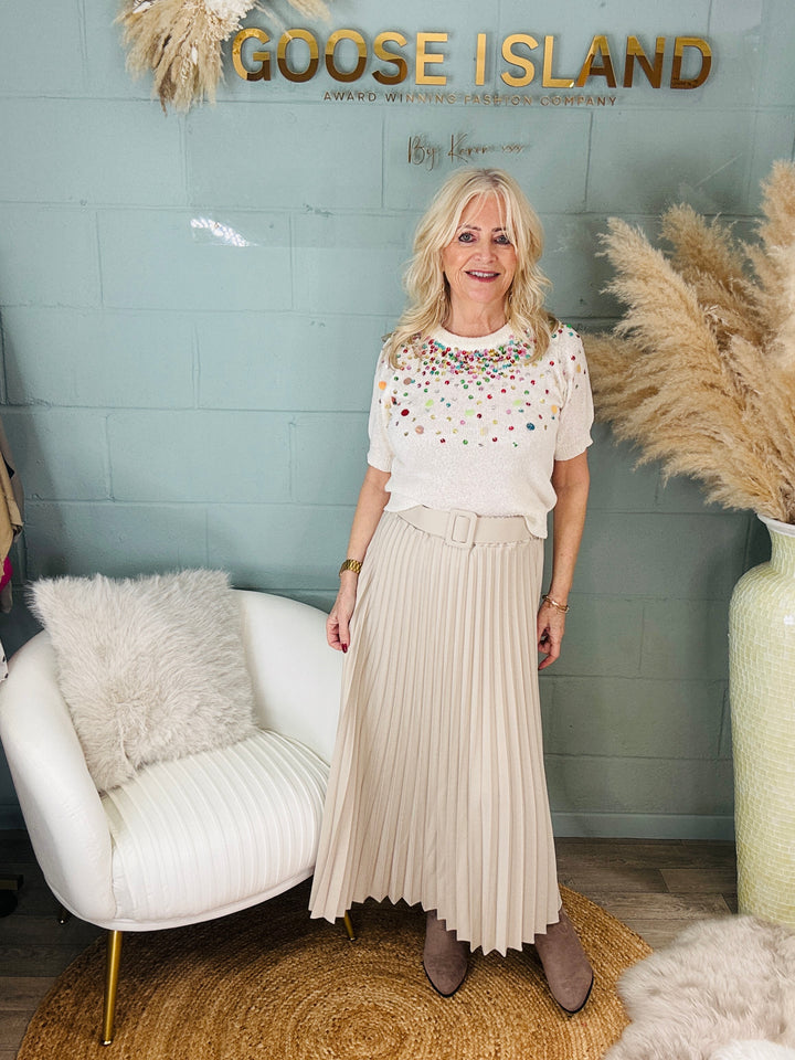 Brielle Belted Pleated Skirt Beige