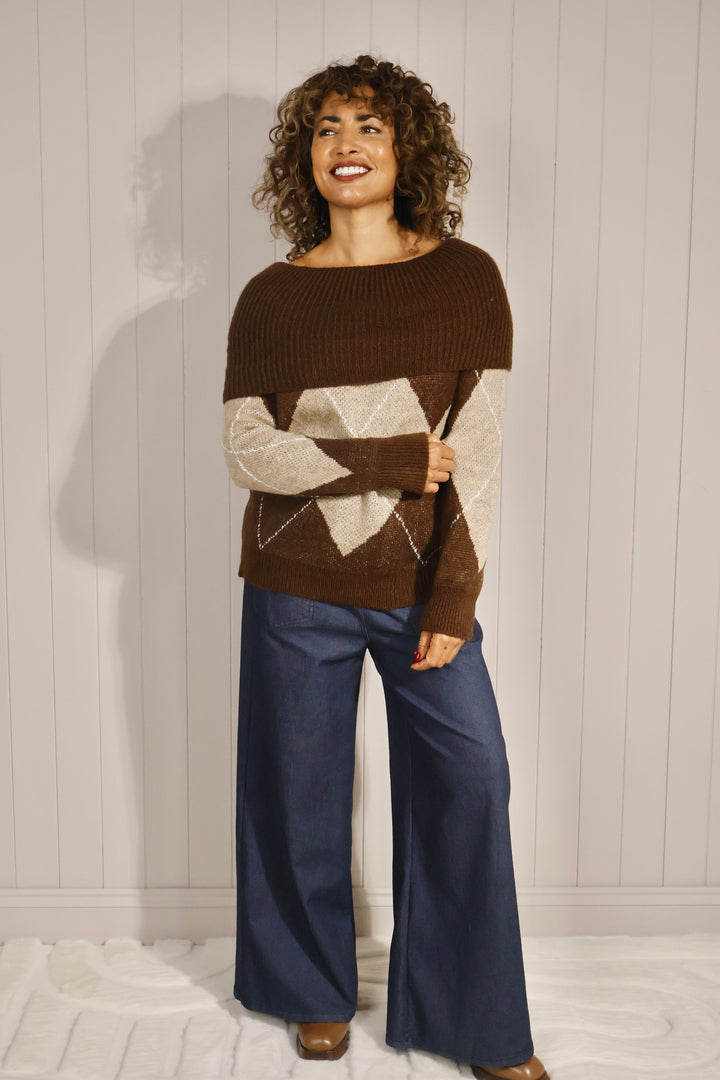 Argyle Bardot Jumper Chocolate