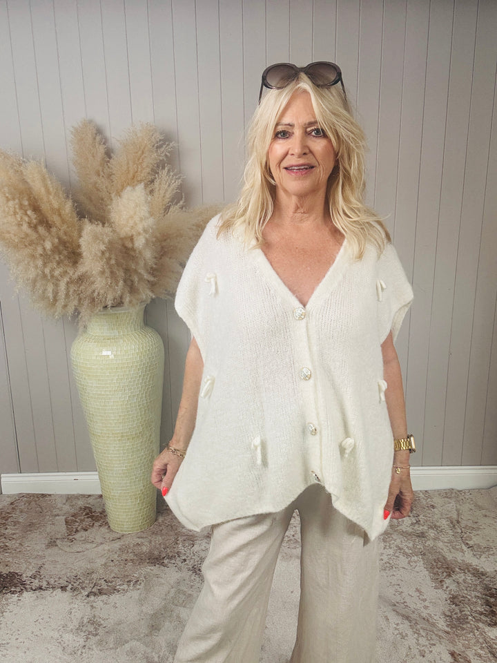 Bella Bow Sleeveless Cardigan Cream