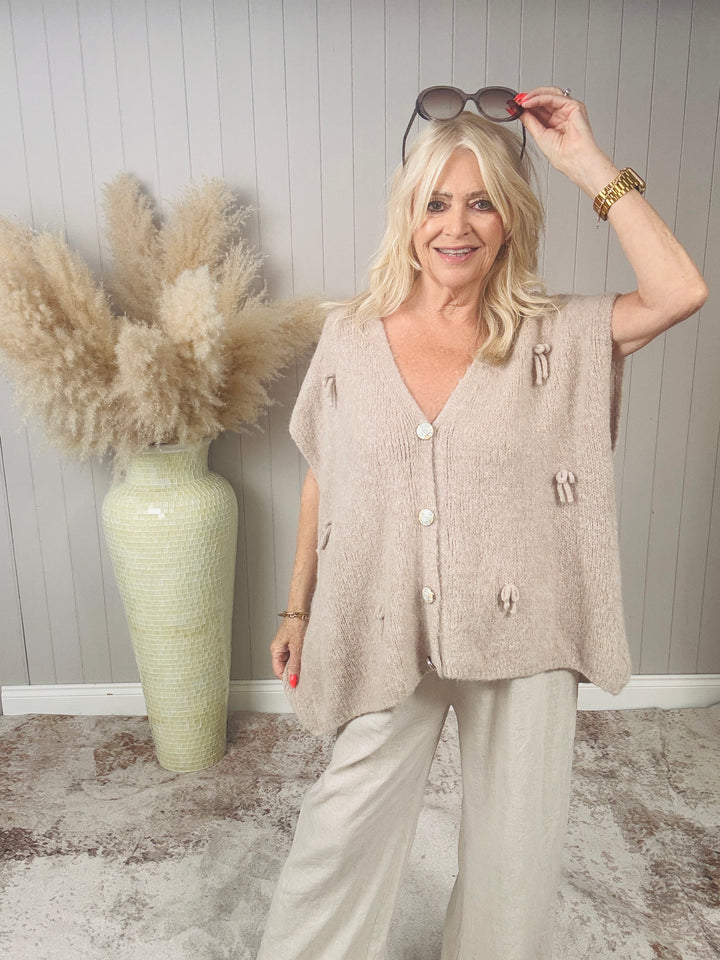 Bella Bow Sleeveless Cardigan Beige