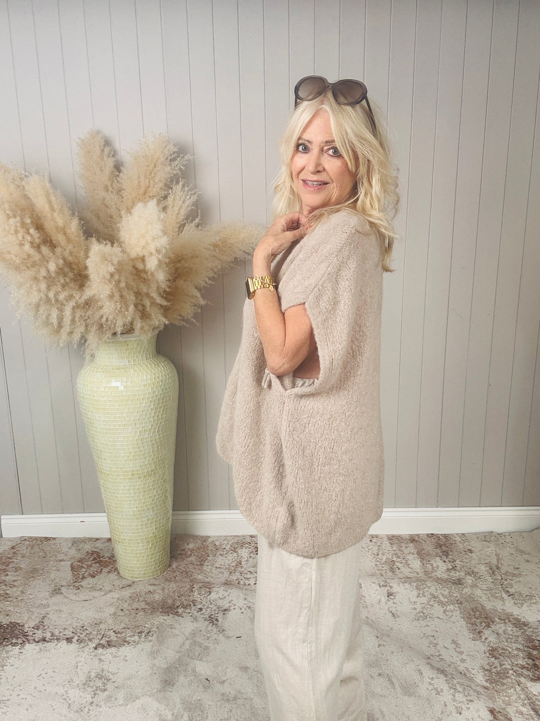 Bella Bow Sleeveless Cardigan Beige