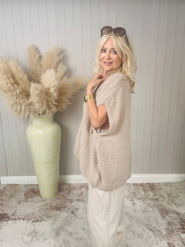 Bella Bow Sleeveless Cardigan Beige