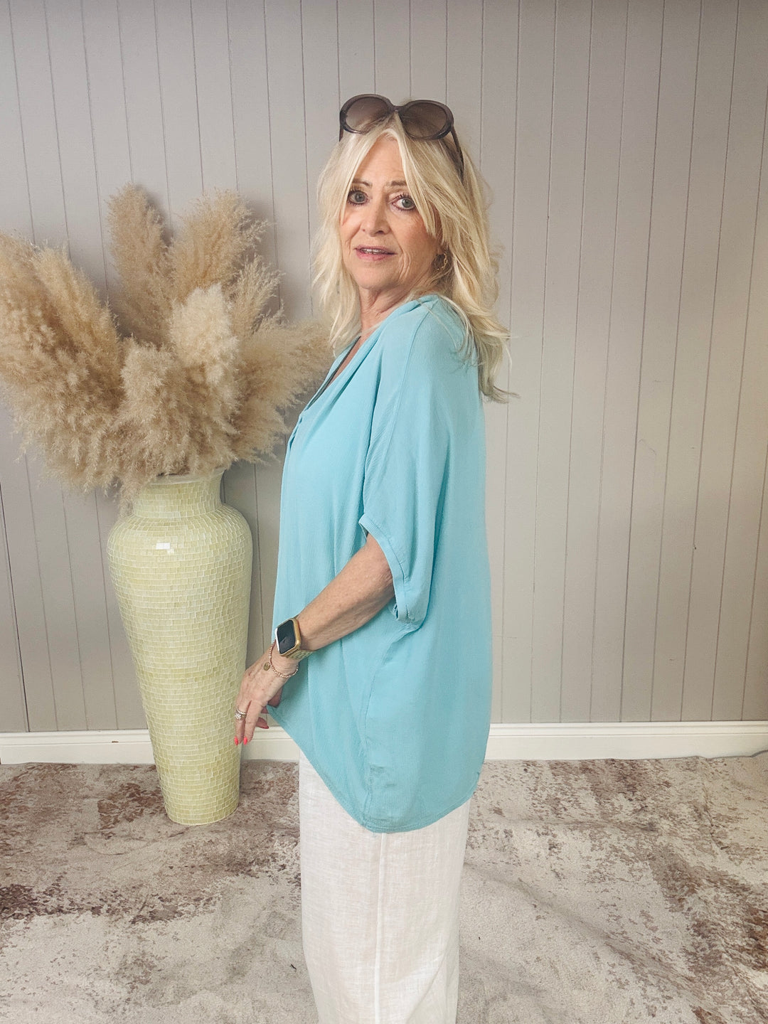 High Low Crinkle Top Turquoise (no label)