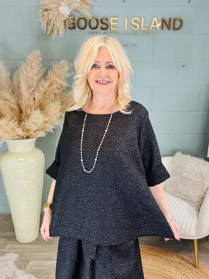 Annalisa Floral Embossed Top Black