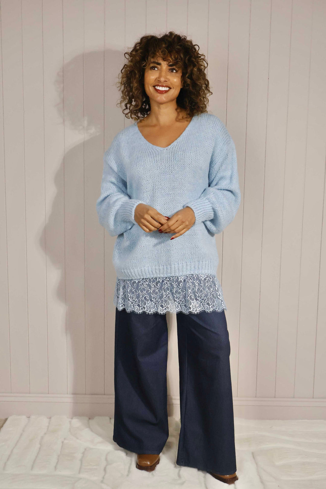 Lindi Lace Edge Jumper Blue