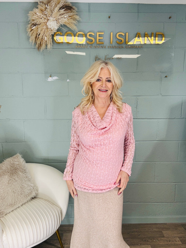 Silvana Lace Cowl Neck Top - Pink