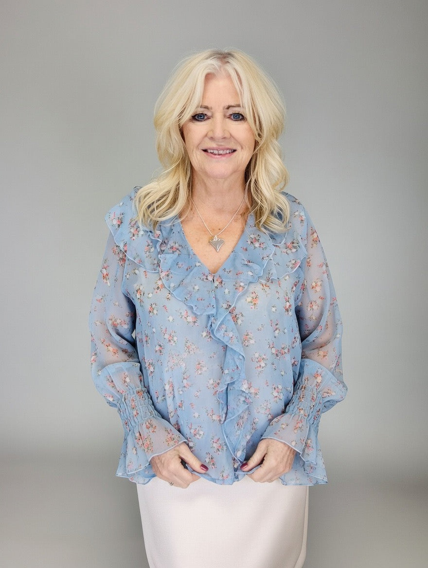 Noemi Floral Ruffle Top Blue