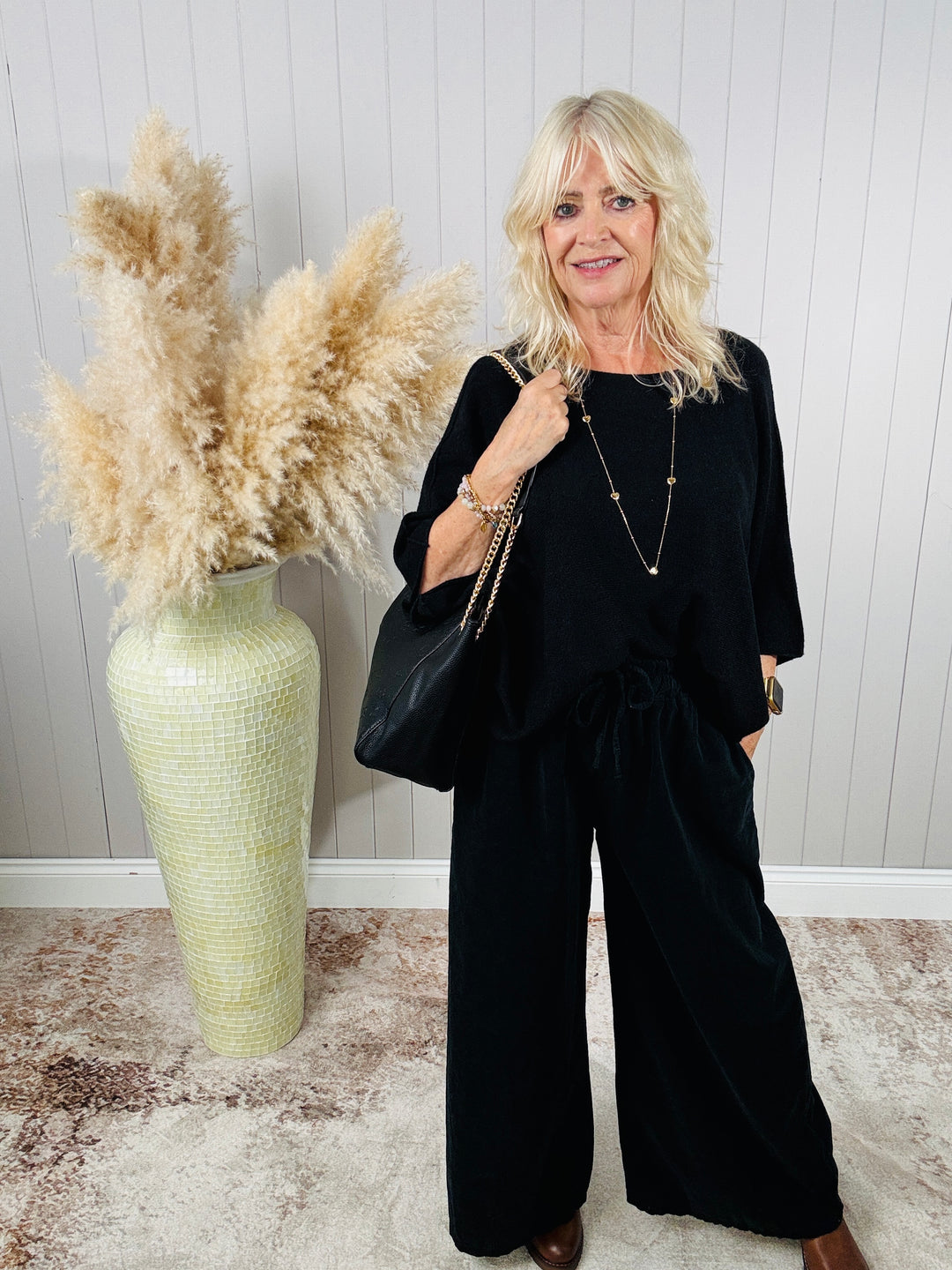 Wide Leg Cord Trousers Black