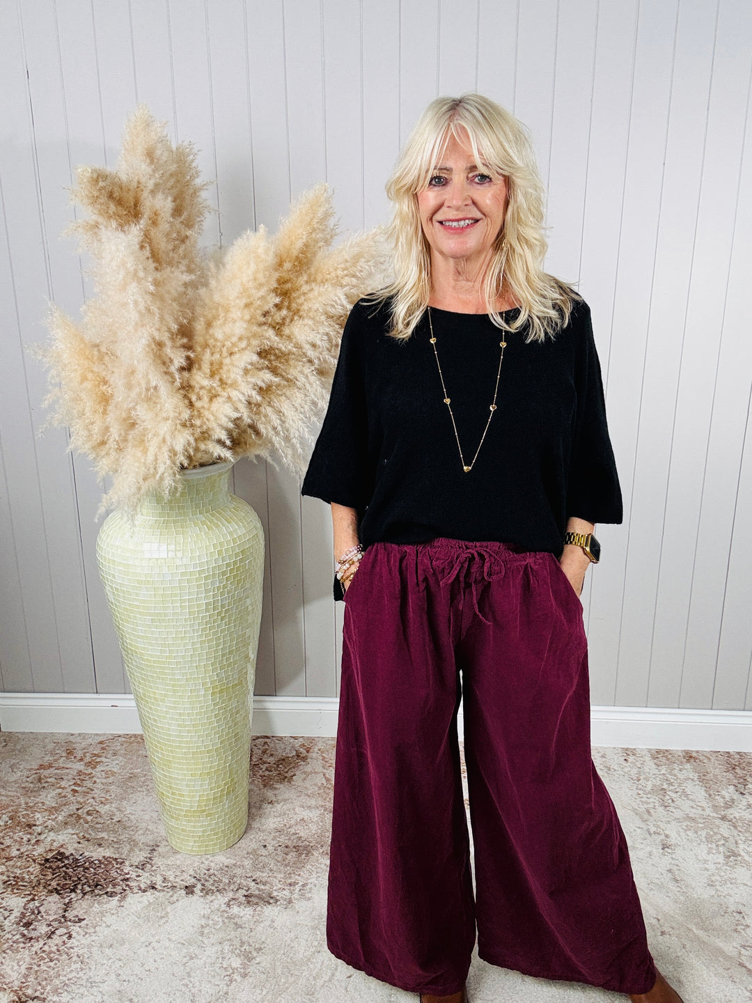Wide Leg Cord Trousers Wine