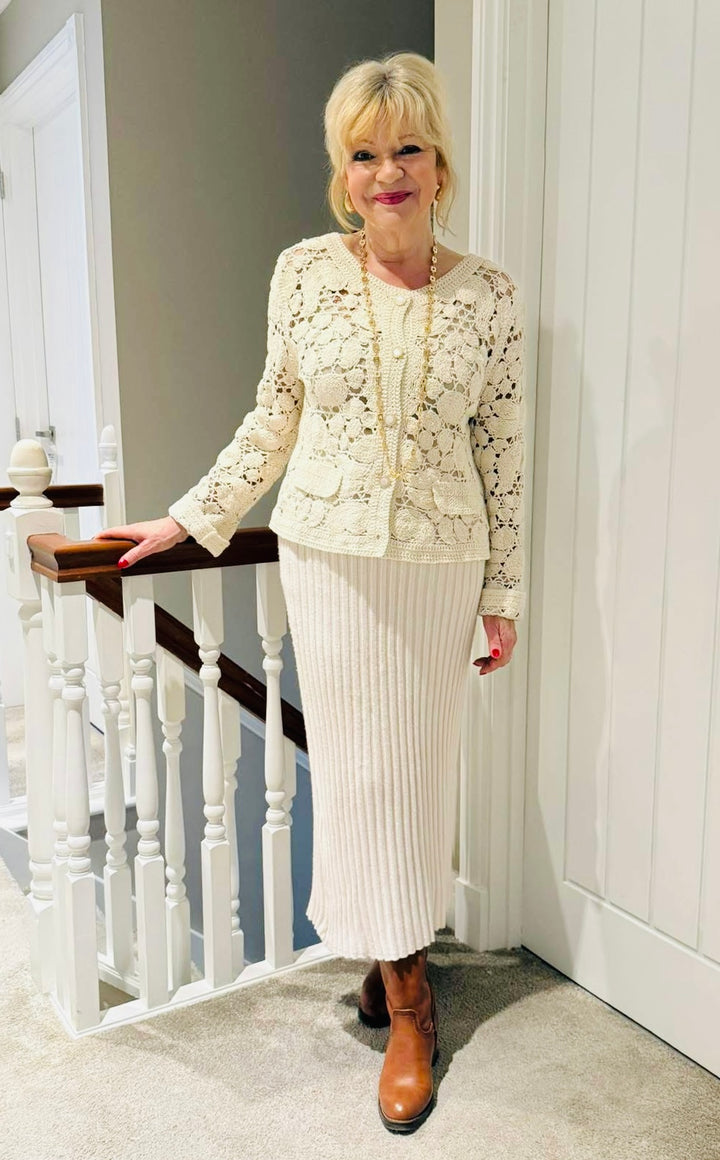Romilly Gold Button crochet cardi White