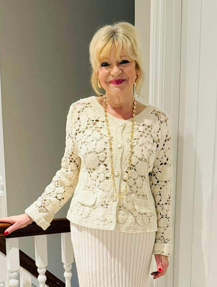 Romilly Gold Button crochet cardi White