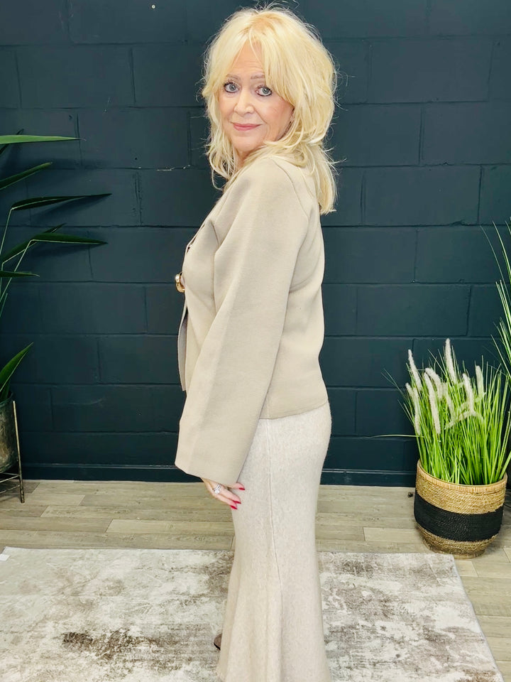 Greta Gold Knot Cardigan Taupe