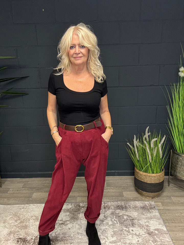 Belted Cord Trousers Wine