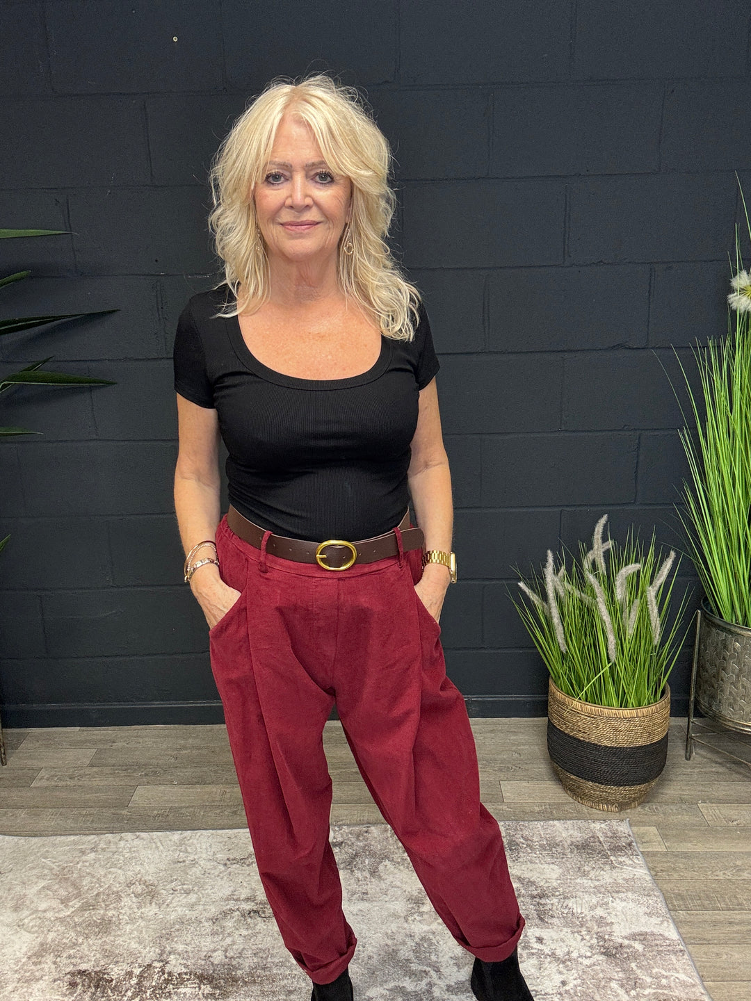 Belted Cord Trousers Wine