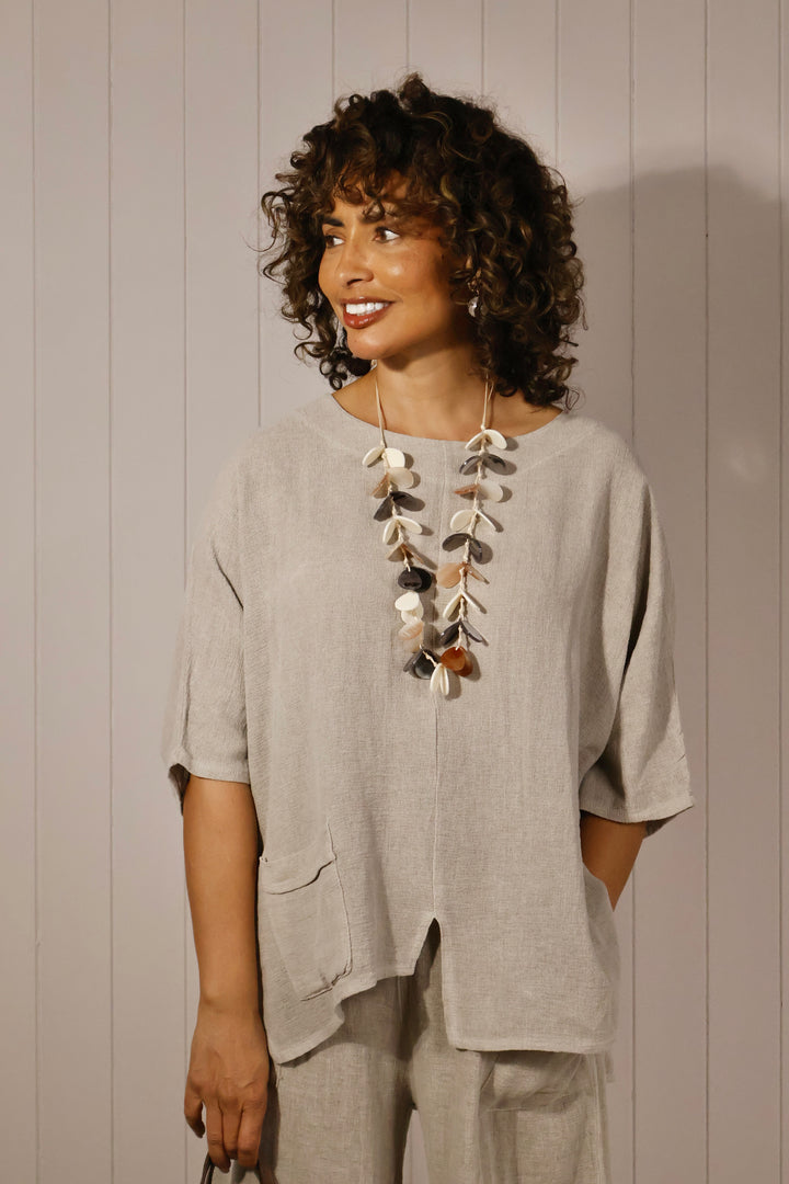 Lettie Linen Pocket Top Beige