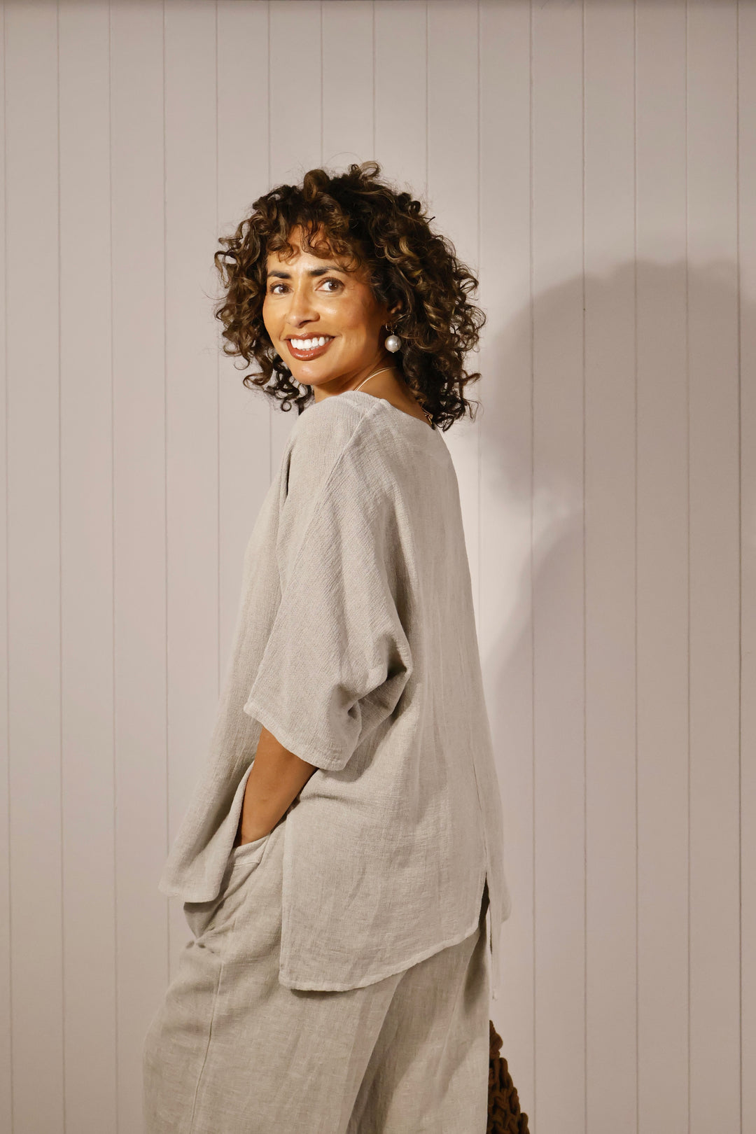 Lettie Linen Pocket Top Beige