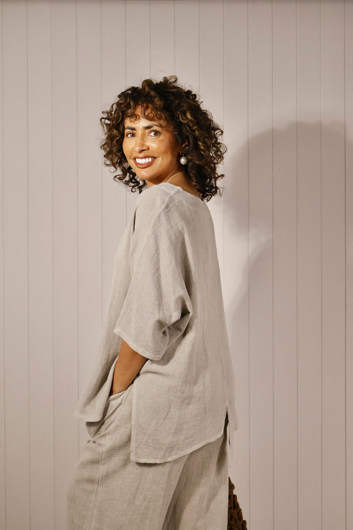 Lettie Linen Pocket Top Beige