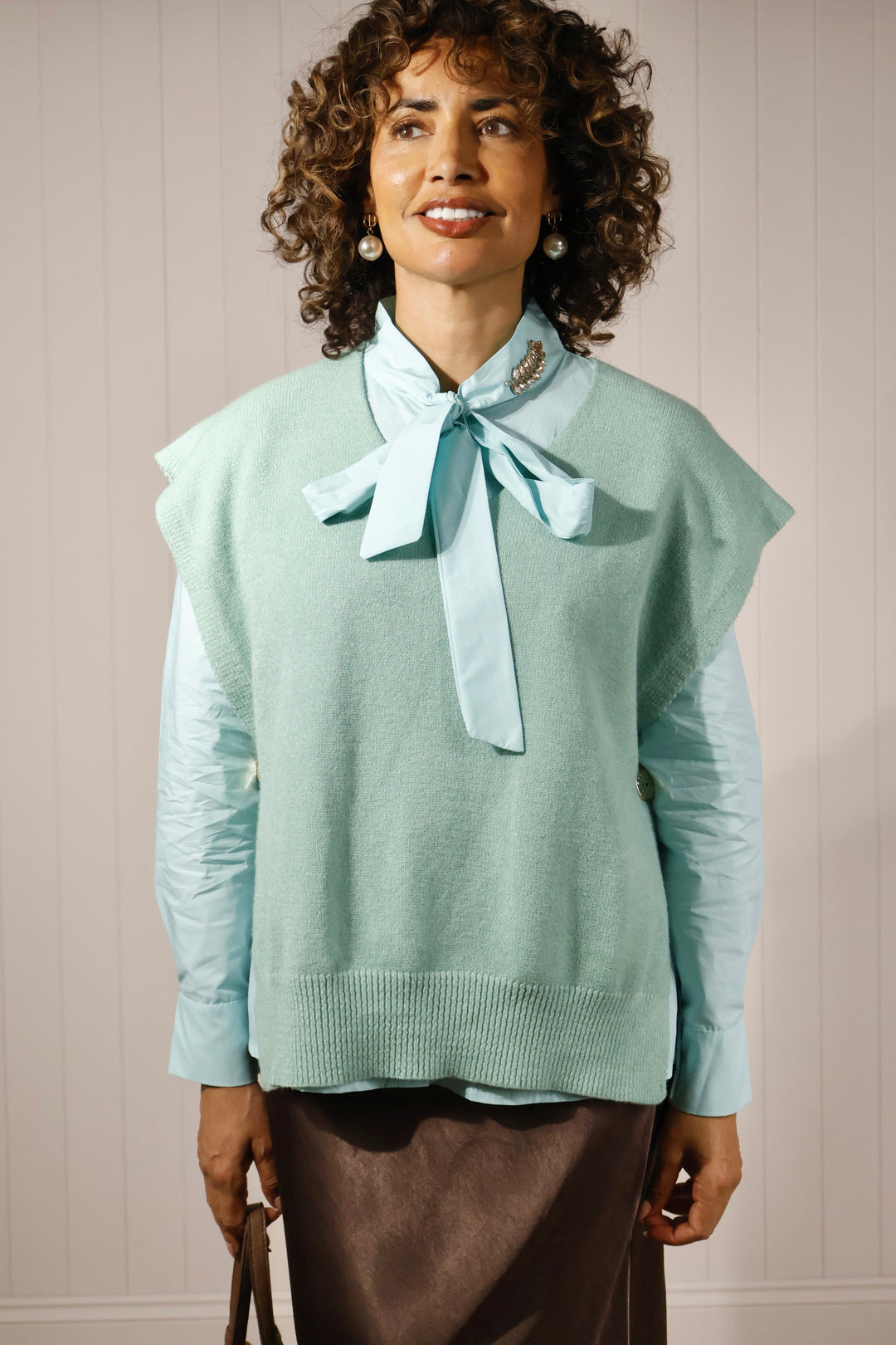 Clara Gold Button Tank Top Aqua