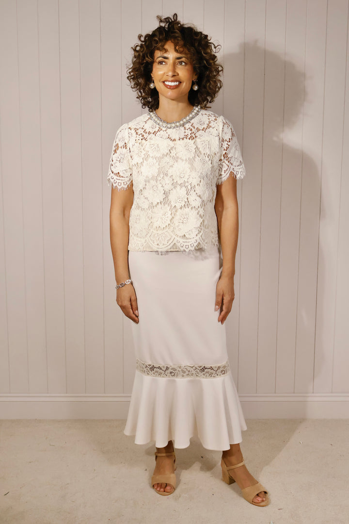 Julietta Embellished Lace Top Cream