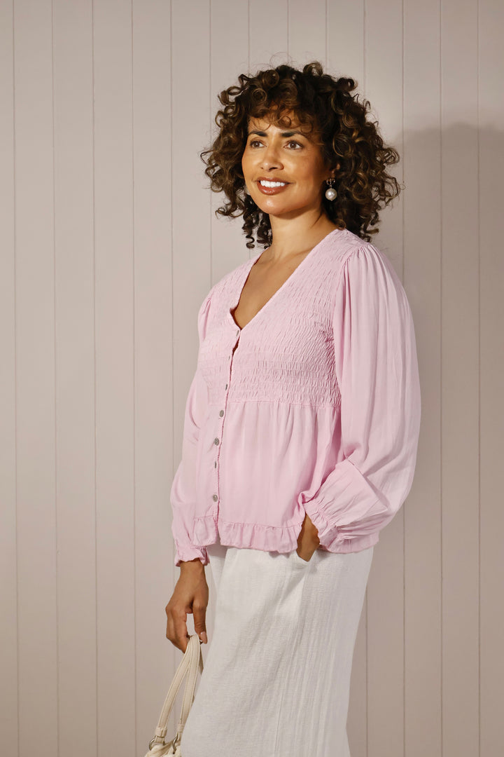 Petra Shirred Button Top Pink