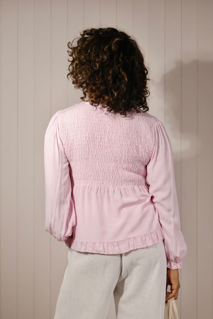 Petra Shirred Button Top Pink