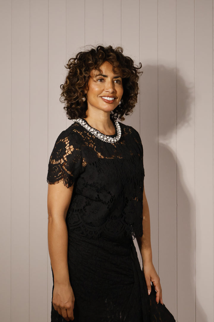Julietta Embellished Lace Top Black