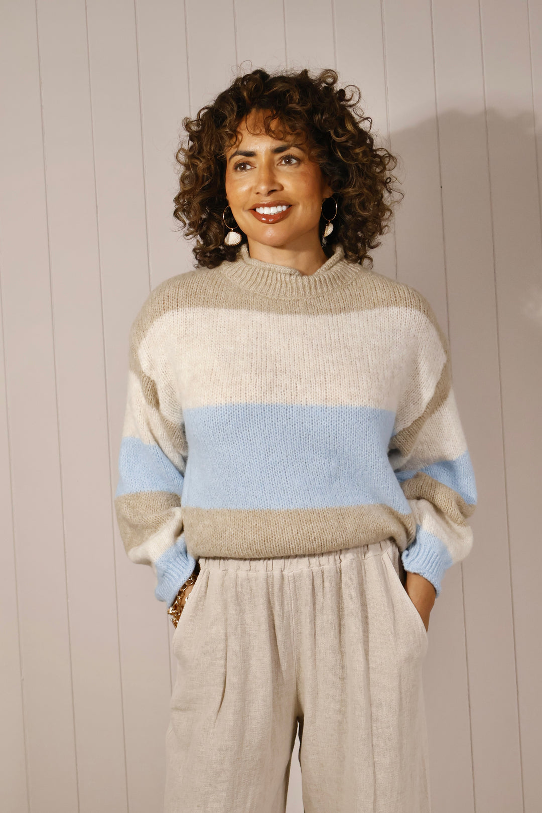 Afina Block Stripe Jumper Beige/Blue