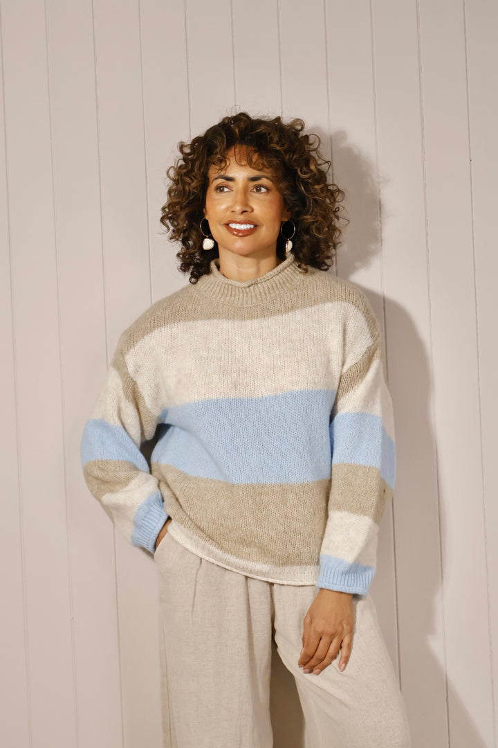 Afina Block Stripe Jumper Beige/Blue