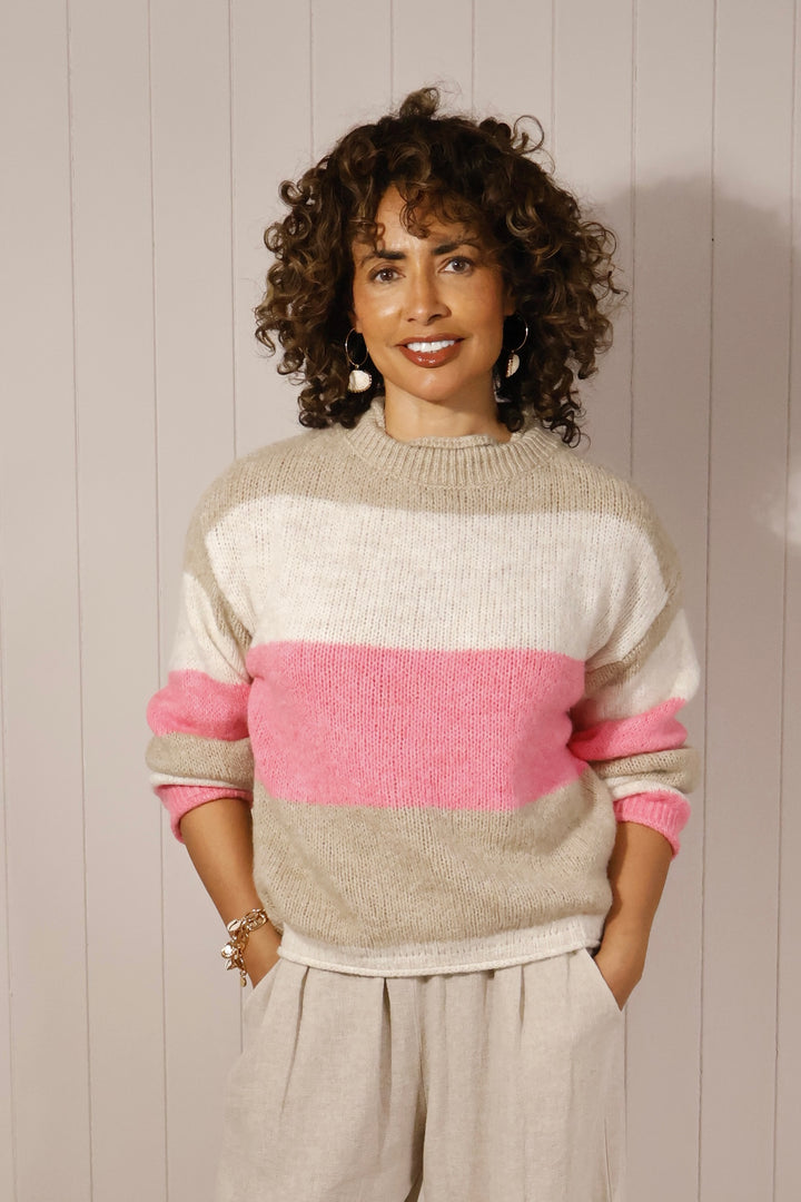 Afina Block Stripe Jumper Beige/Pink