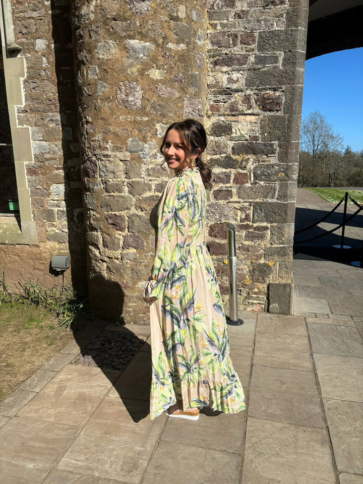 Shirred Leaf Print Dress