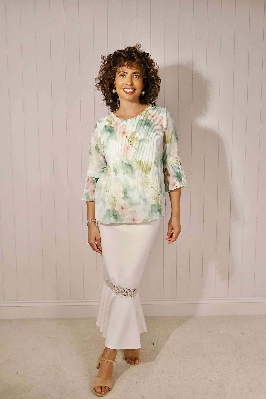 Viola Floral Pleat Top Apple Green
