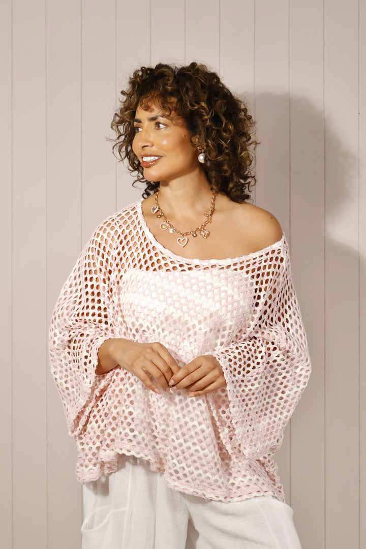 Odalis Open Knit Top Pink/White