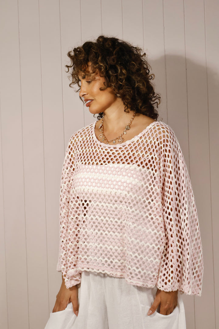 Odalis Open Knit Top Pink/White