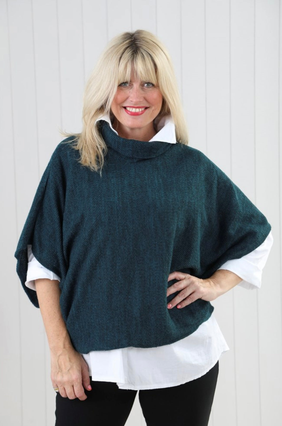 Teal Cowl Poncho Top