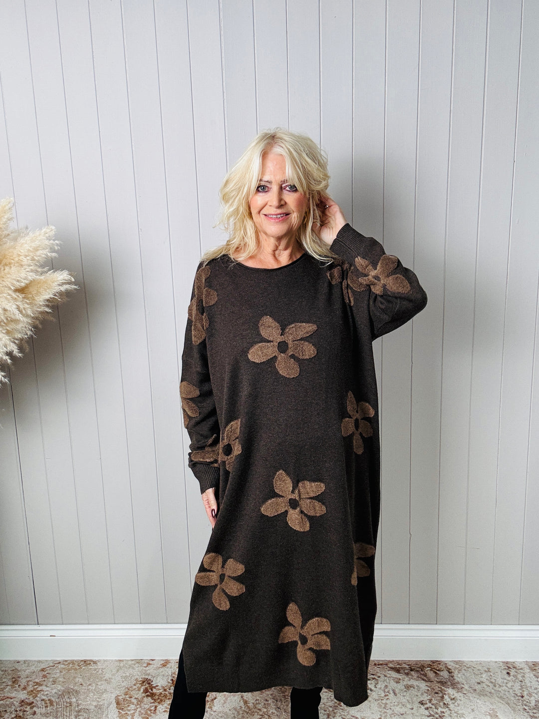 Farrah Floral Knit Dress Chocolate