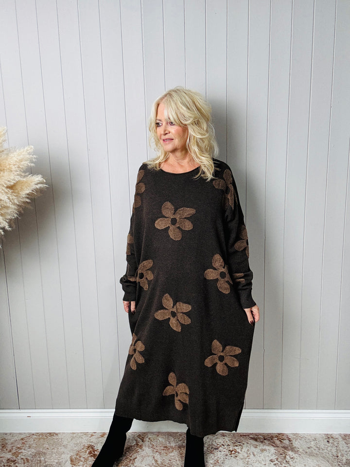 Farrah Floral Knit Dress Chocolate