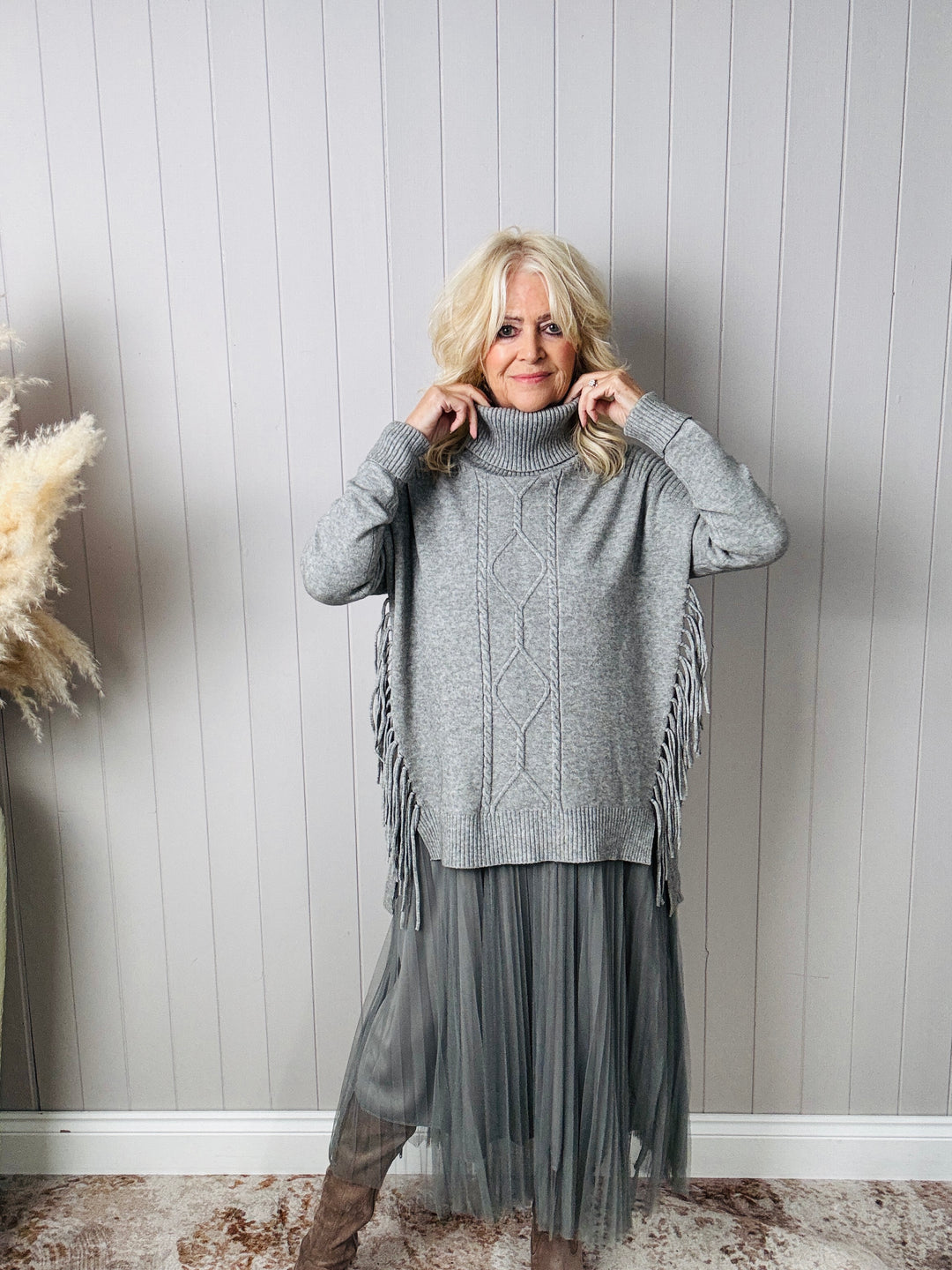 Francesca Fringe Knit Dress Grey