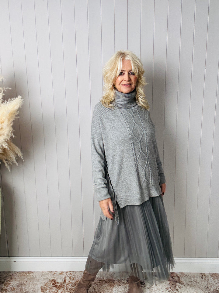 Francesca Fringe Knit Dress Grey